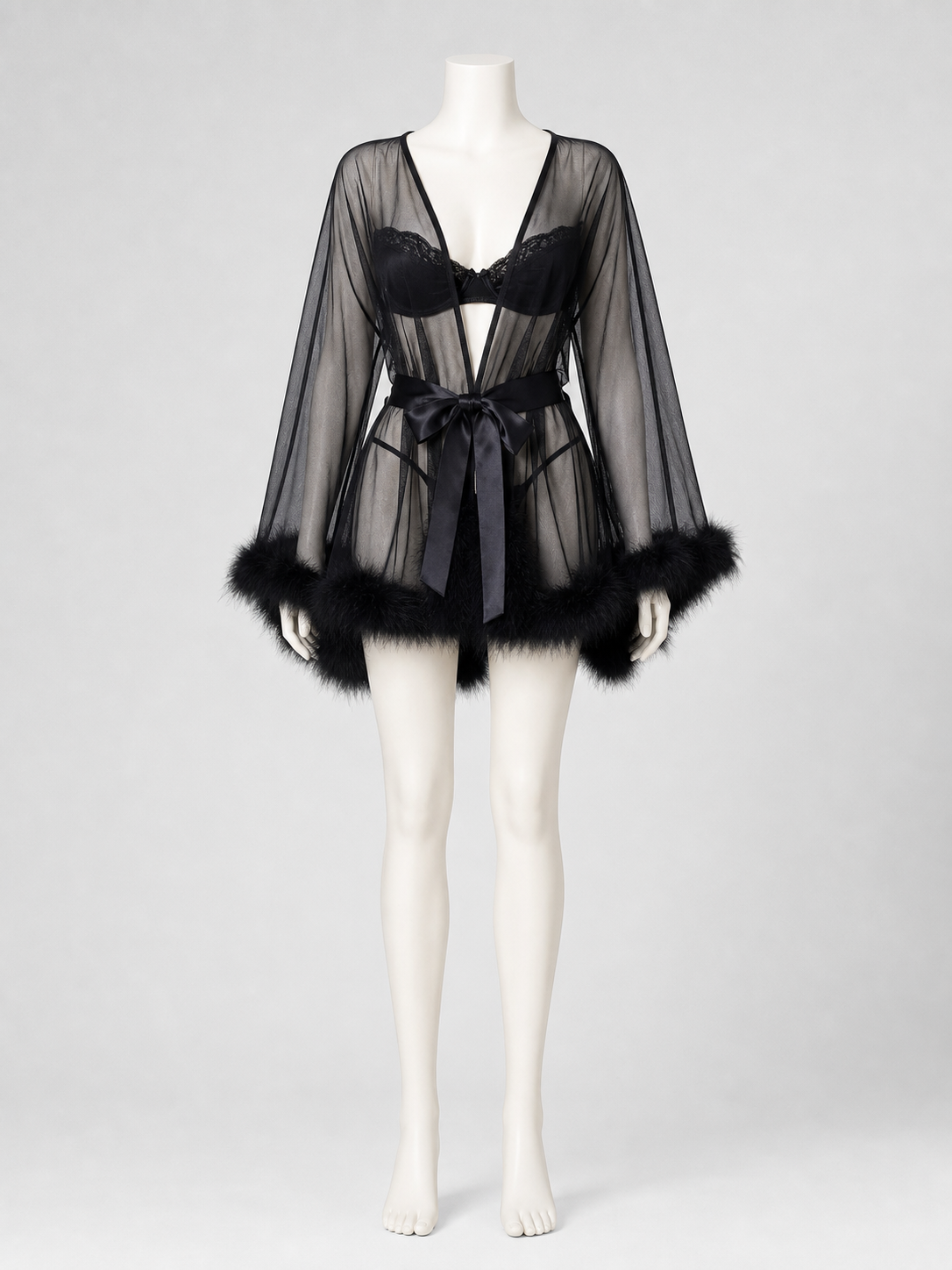 Black Sheer Robe with Belt and Fluffy Trim