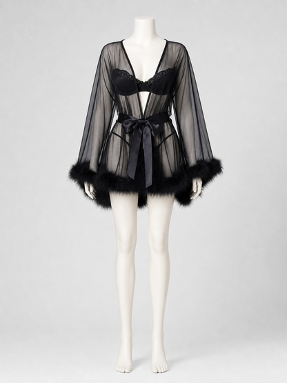 Black Sheer Robe with Belt and Fluffy Trim