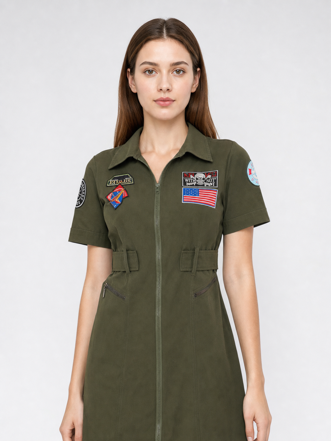 Olive Military-Style Dress with Patches Costume Dresses detail
