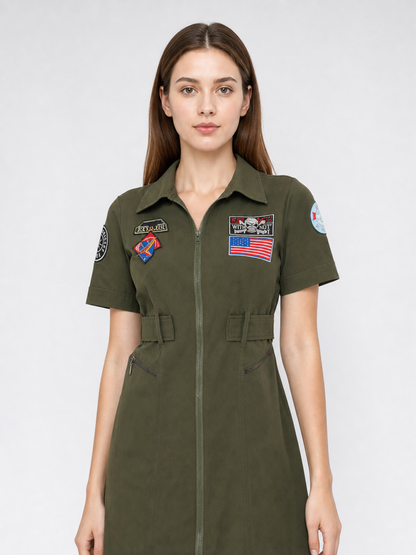 Olive Military-Style Dress with Patches Costume Dresses detail