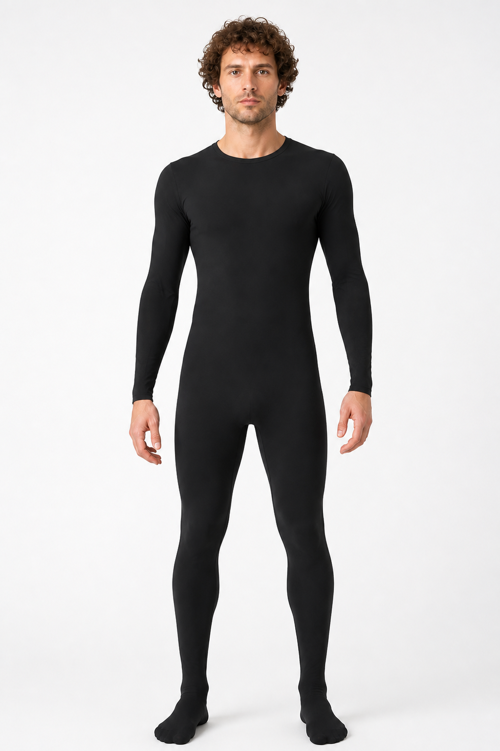 Black form-fitting zentai jumpsuit with covered feet product detail 3