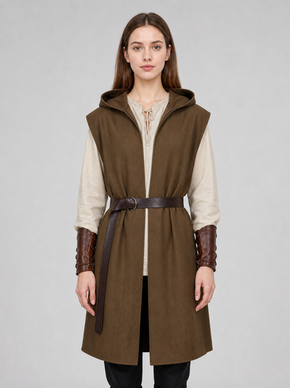 Front view of a brown hooded vest with a dark belt and cream shirt, worn with brown forearm bracers by a female model