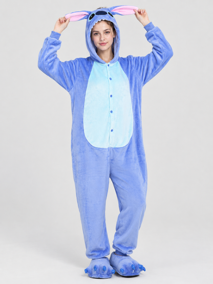 Blue Hooded Pajama Jumpsuit with Appliqué