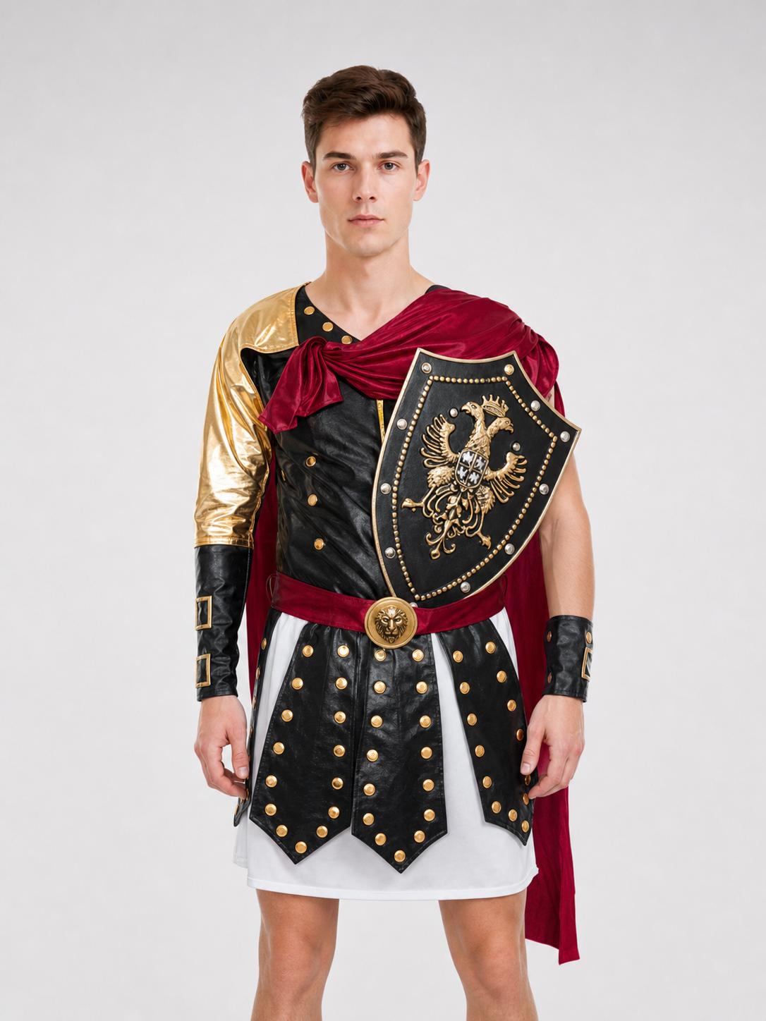 Roman Warrior Costume with Shield and Sword for Cosplay upper body view