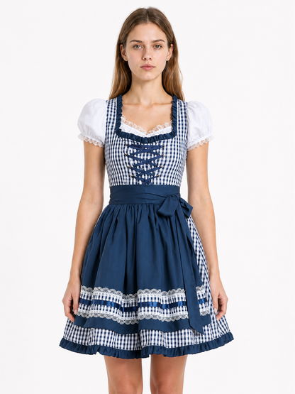 Blue-and-White Checkered Dress with Bow and Lace Apron