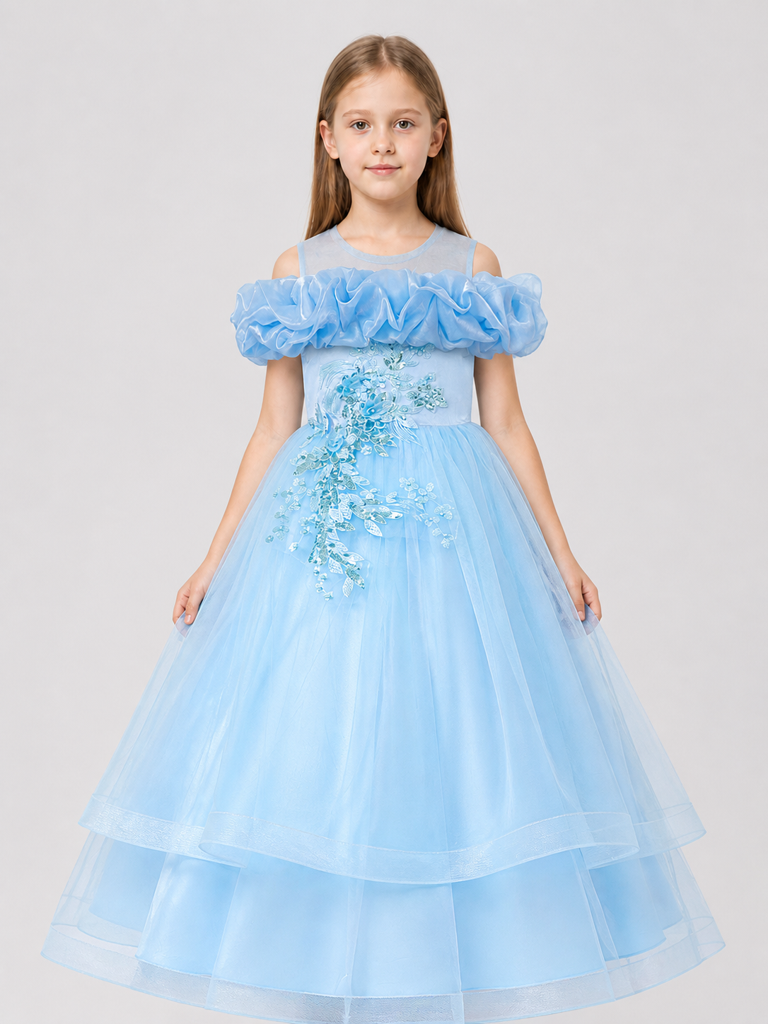 Full-Skirted Blue Dress with Sequins and Embroidery