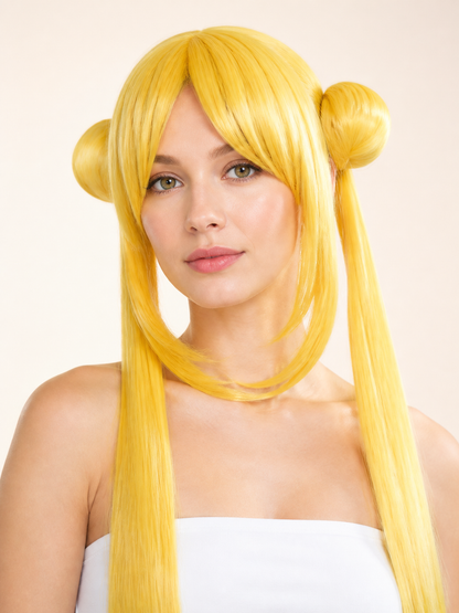 Blonde Anime Wig with Bangs, Double Buns for Cosplay Costume Wigs detail 2