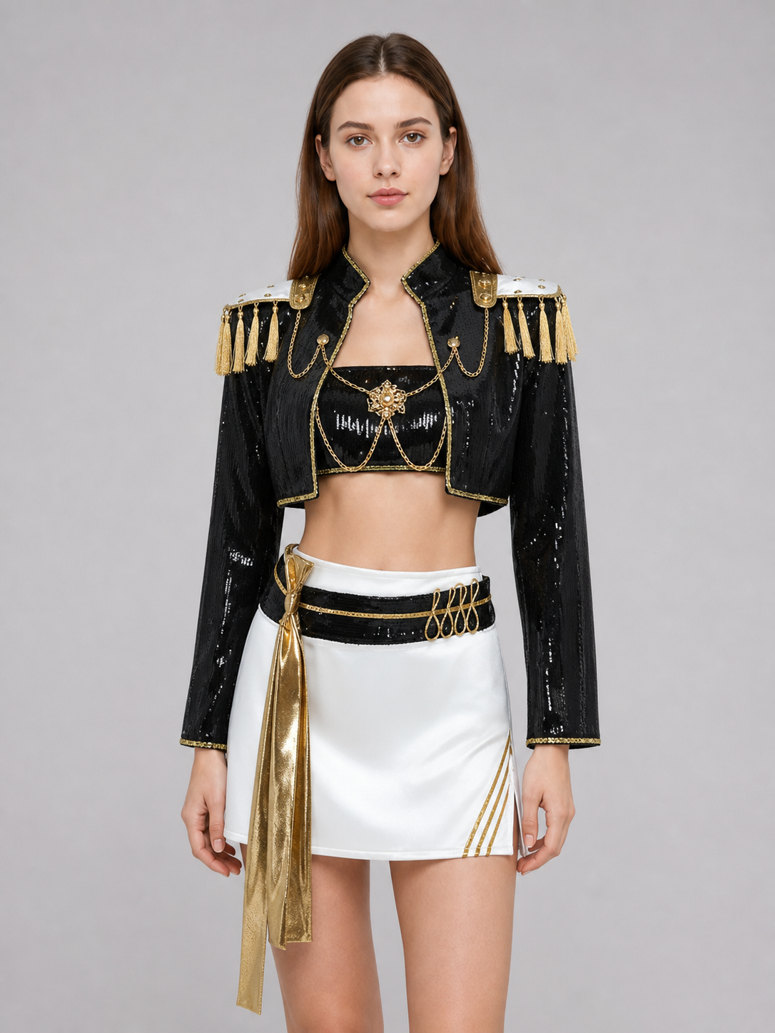 Mila Cosplay Costume, Black and Gold Stage Set