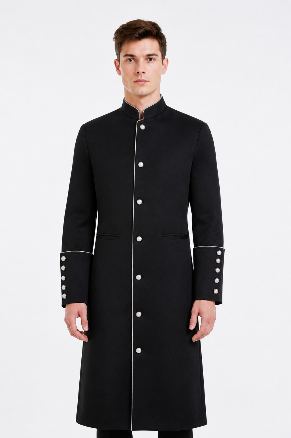 Long Coat with Stand Collar and Buttons