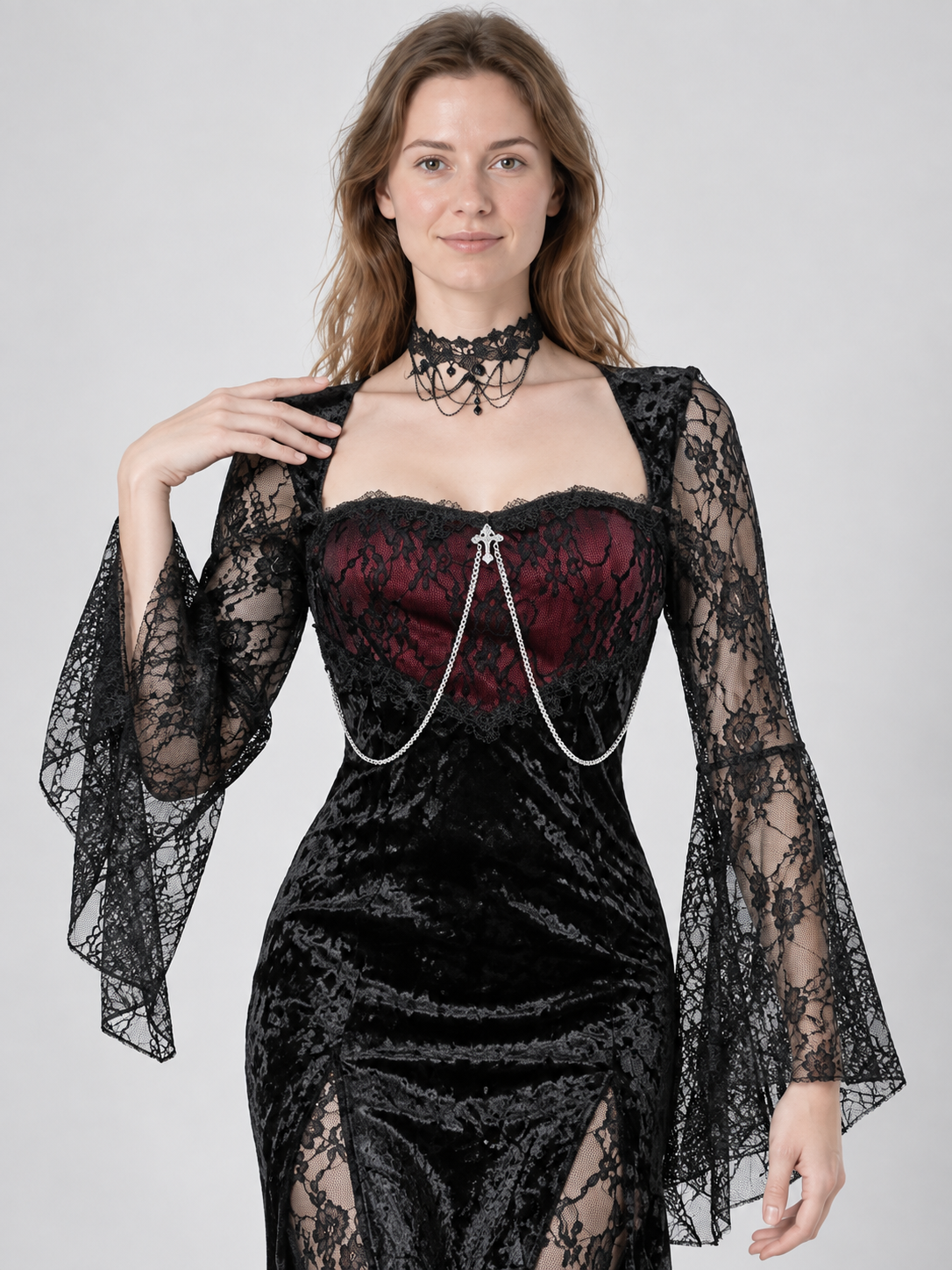 Gothic Dress Black and Red with Lace Sleeves