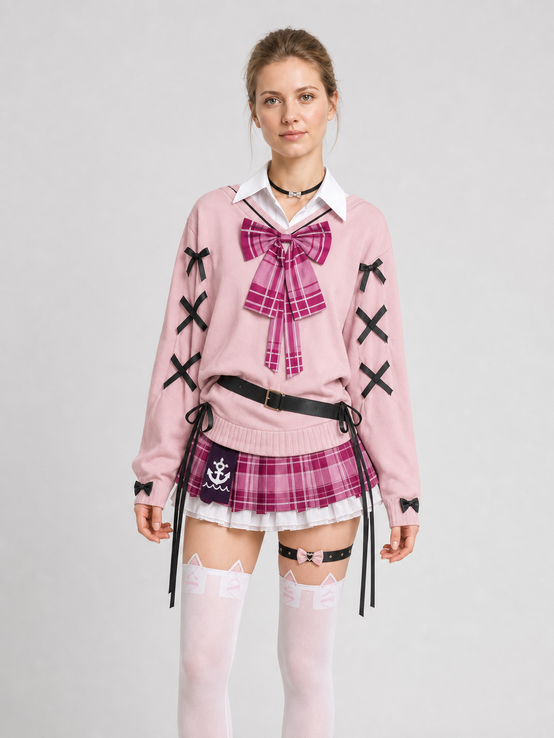 Aqua Cosplay: Pink Top, Plaid Skirt, Bows, Knee-High Socks Costumes detail 2