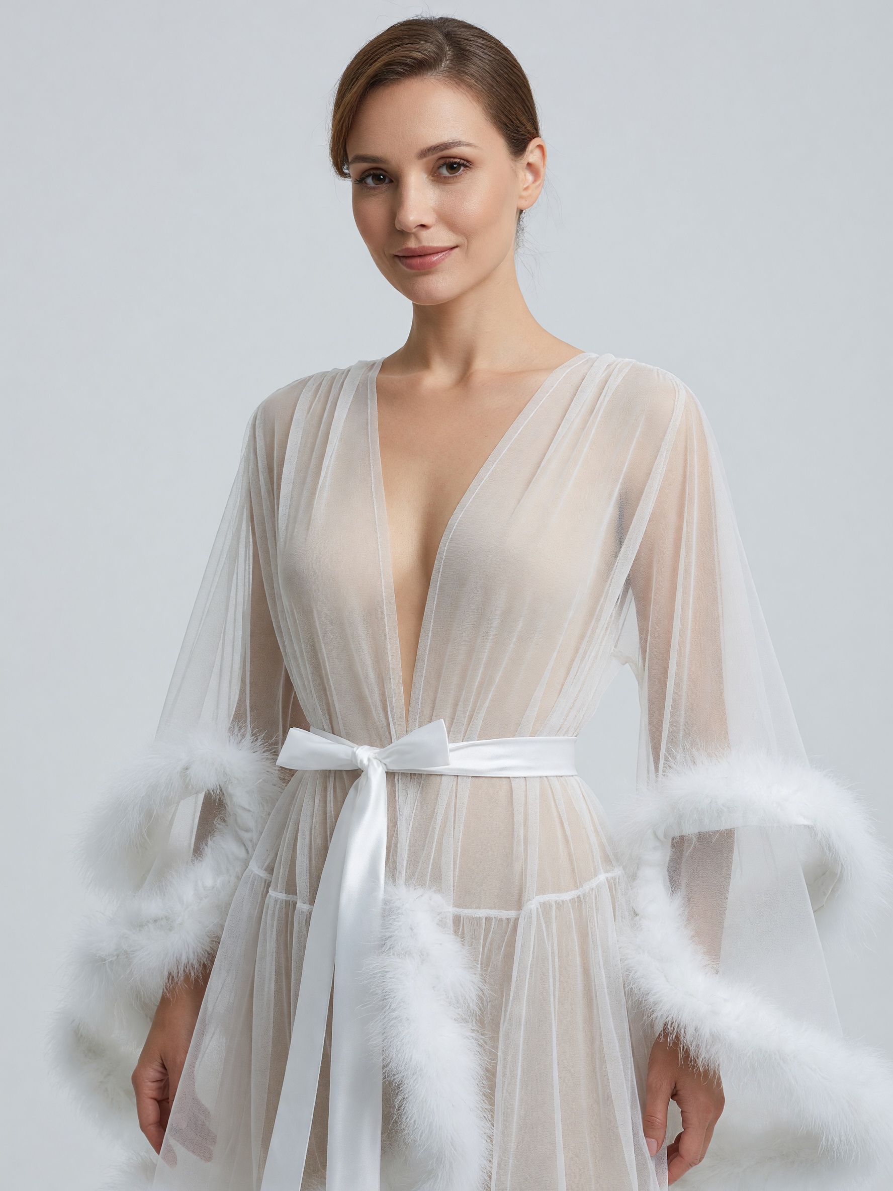 White Semi-Transparent Cape with Ties and Fluffy Trim