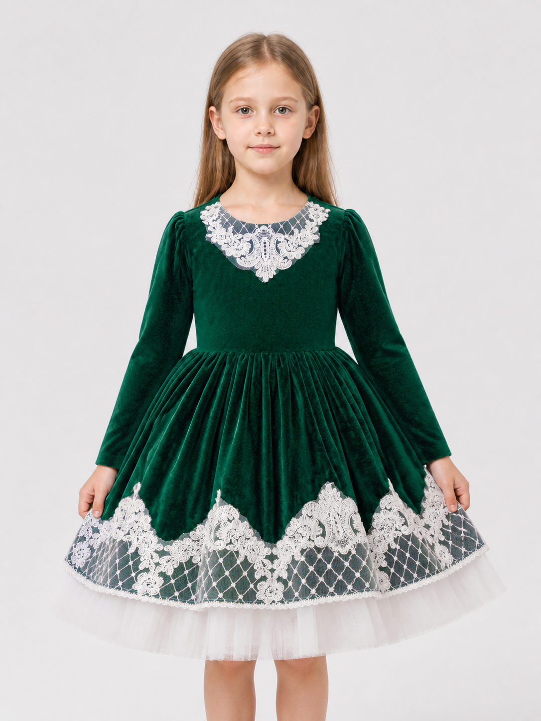 Elegant Long-Sleeve Green Dress with Tulle Costume Dresses detail 3