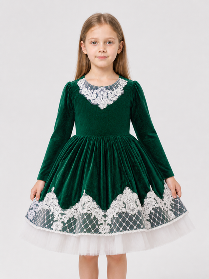 Elegant Long-Sleeve Green Dress with Tulle Costume Dresses detail 3