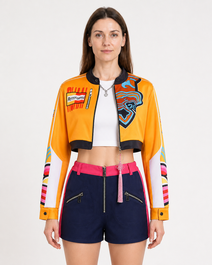 Rumi Cosplay Costume with Orange Jacket and Blue Shorts Costumes detail 3