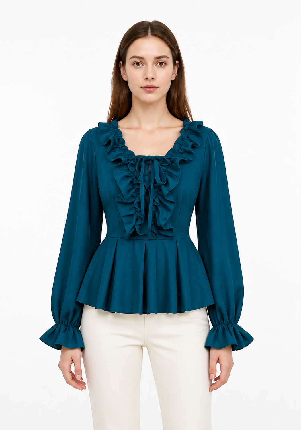 Ruffled Blouse with Flared Sleeves, Turquoise product detail 2