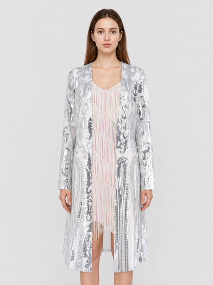Sequin and Fringe Cardigan with Stand Collar