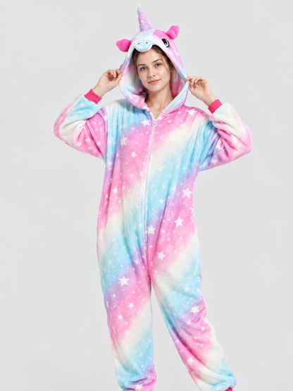 Hooded pajama jumpsuit with a horn and ears