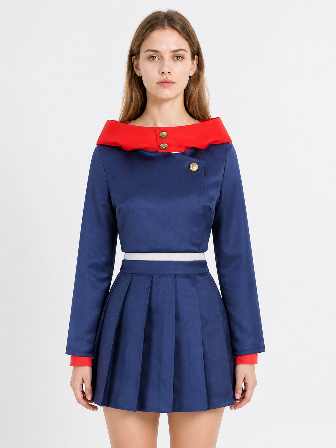 Anime cosplay costume with a pleated skirt, blue and red Costumes detail 3