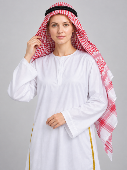 Costume with a red-and-white scarf and gold trim