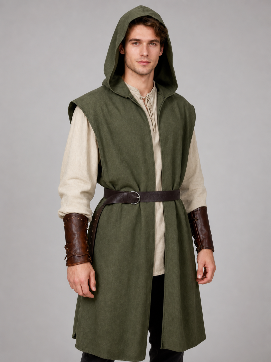 Medieval Fantasy Role Play Costume Set, 2-Piece Olive Green Hooded Sleeveless