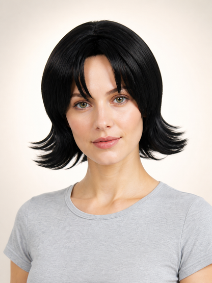 Short Black Carnival Wig with Side-Swept Bangs Costume Wigs detail 2