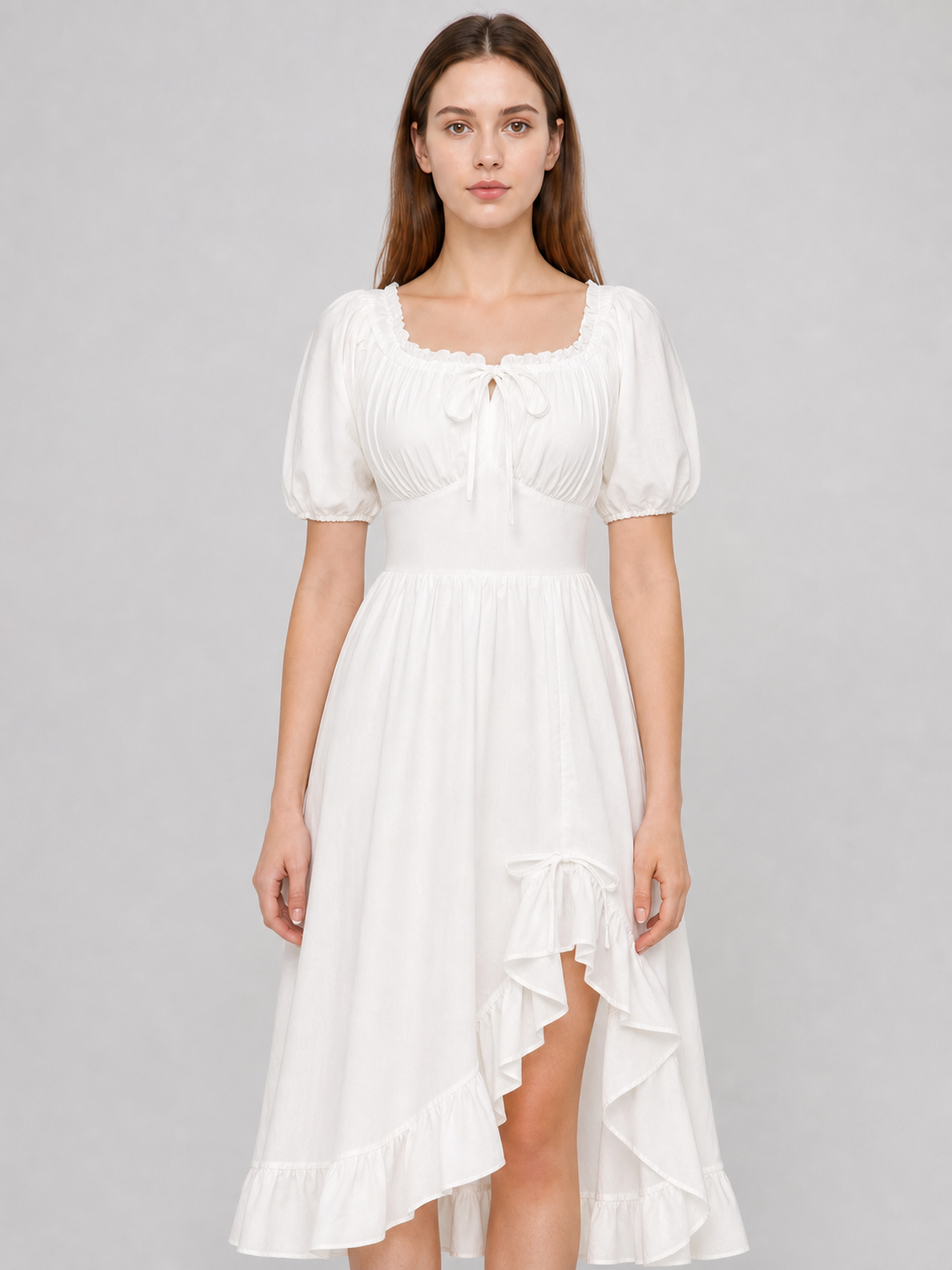 White Midi Dress with a Corset-Style Bodice and Ruffles