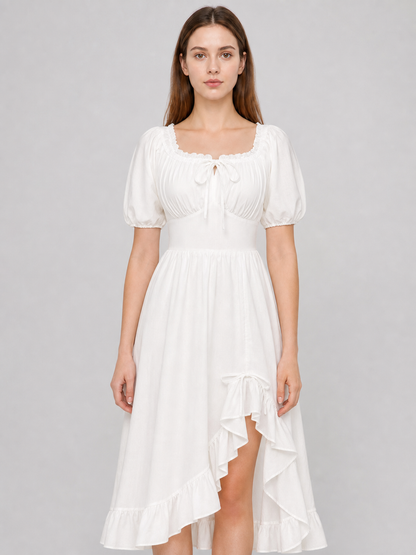 White Midi Dress with a Corset-Style Bodice and Ruffles