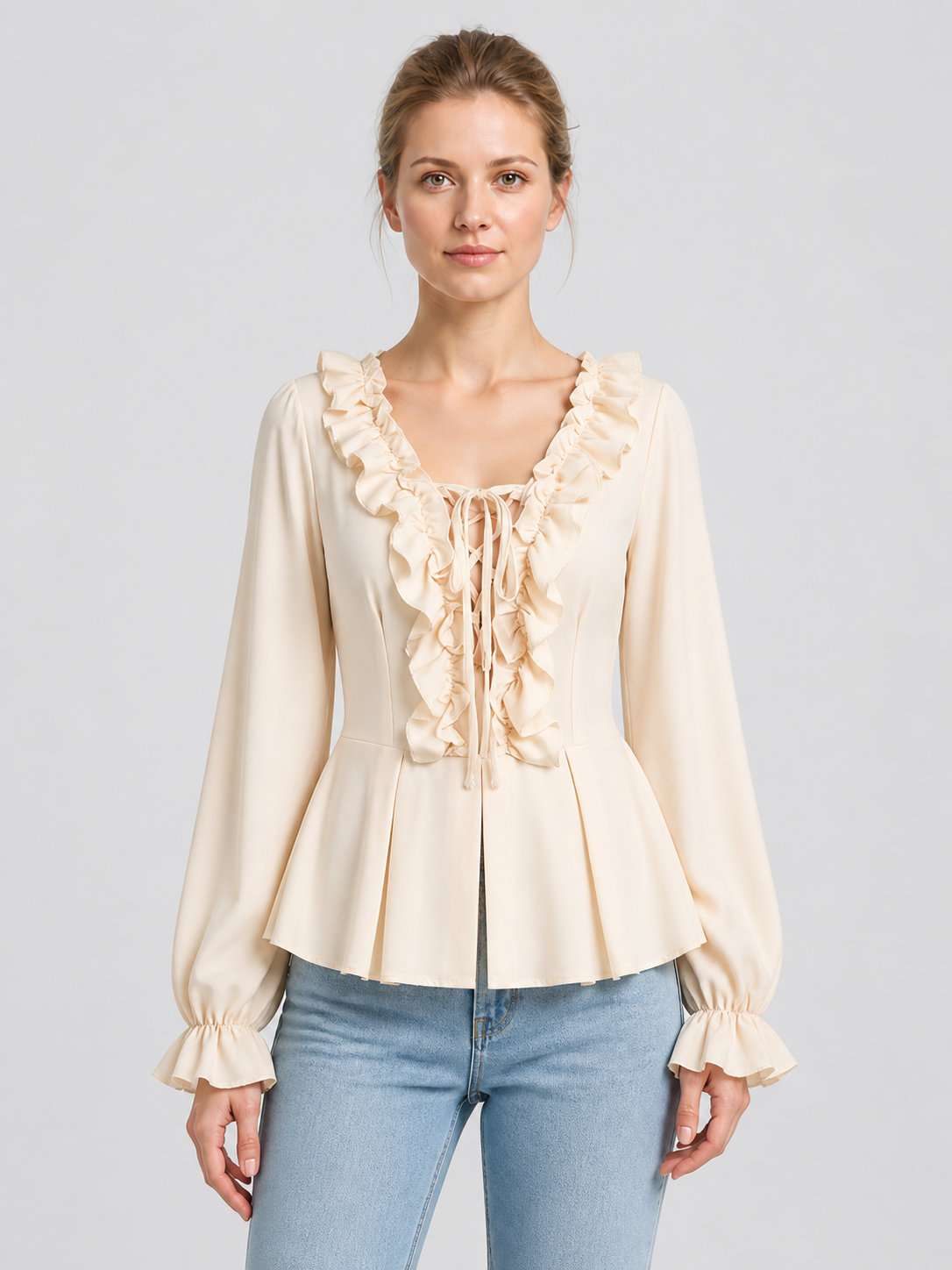 Cream Ruffled Lace-Up Renaissance Blouse product detail 3