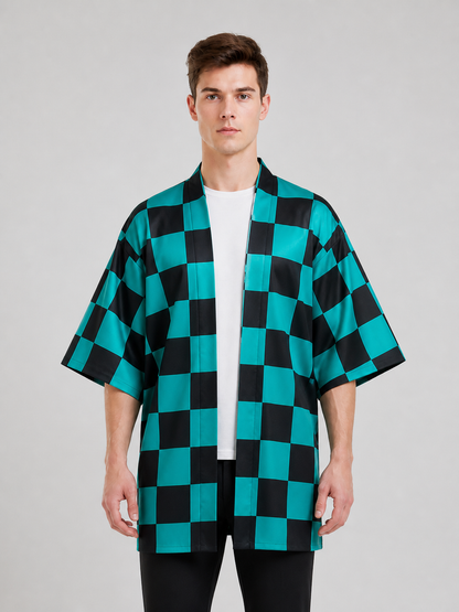 Tanjiro Long Plaid Cloak with Wide Sleeves