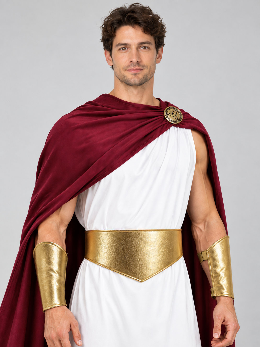 Ancient-style costume with a burgundy cloak and white tunic