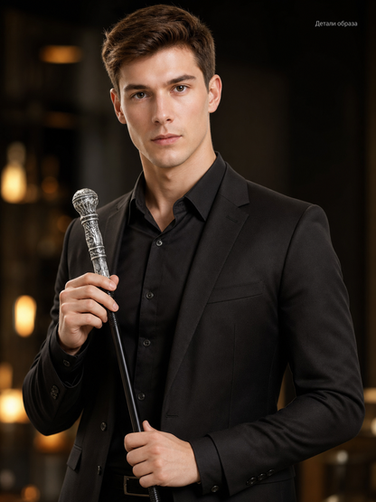 Prop cane with a silver carved handle, in a black-and-silver color scheme with a retro and gothic style