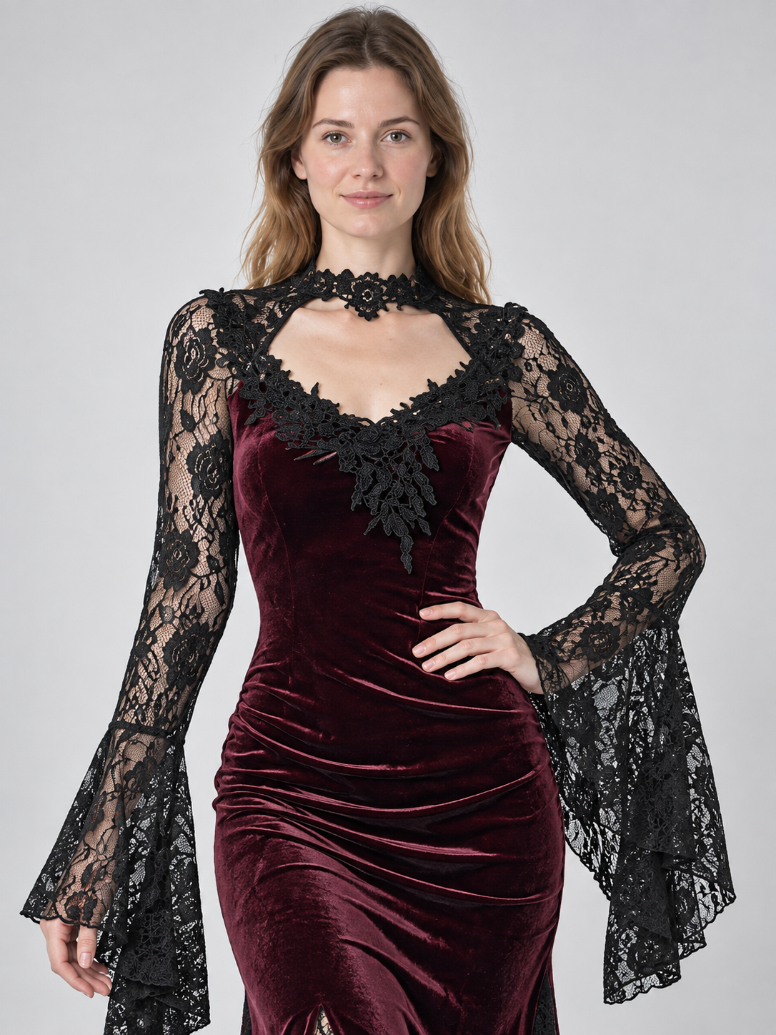 Long burgundy dress with black lace and appliqué