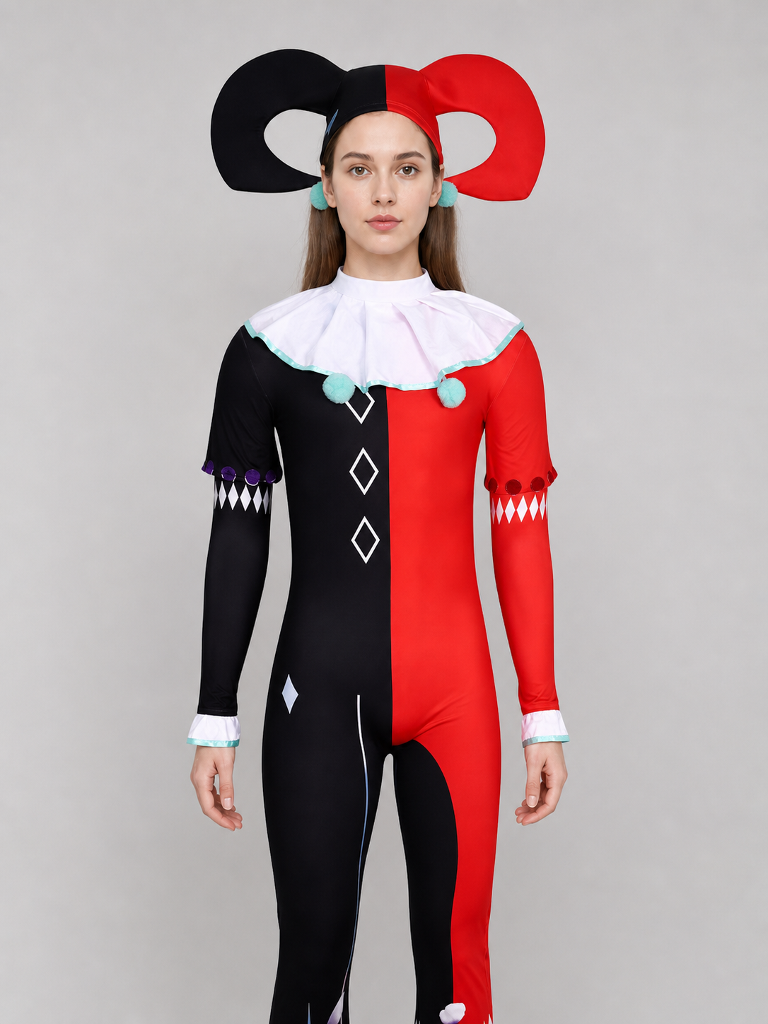 One-piece ghost clown costume in a theatrical circus style. The set includes a