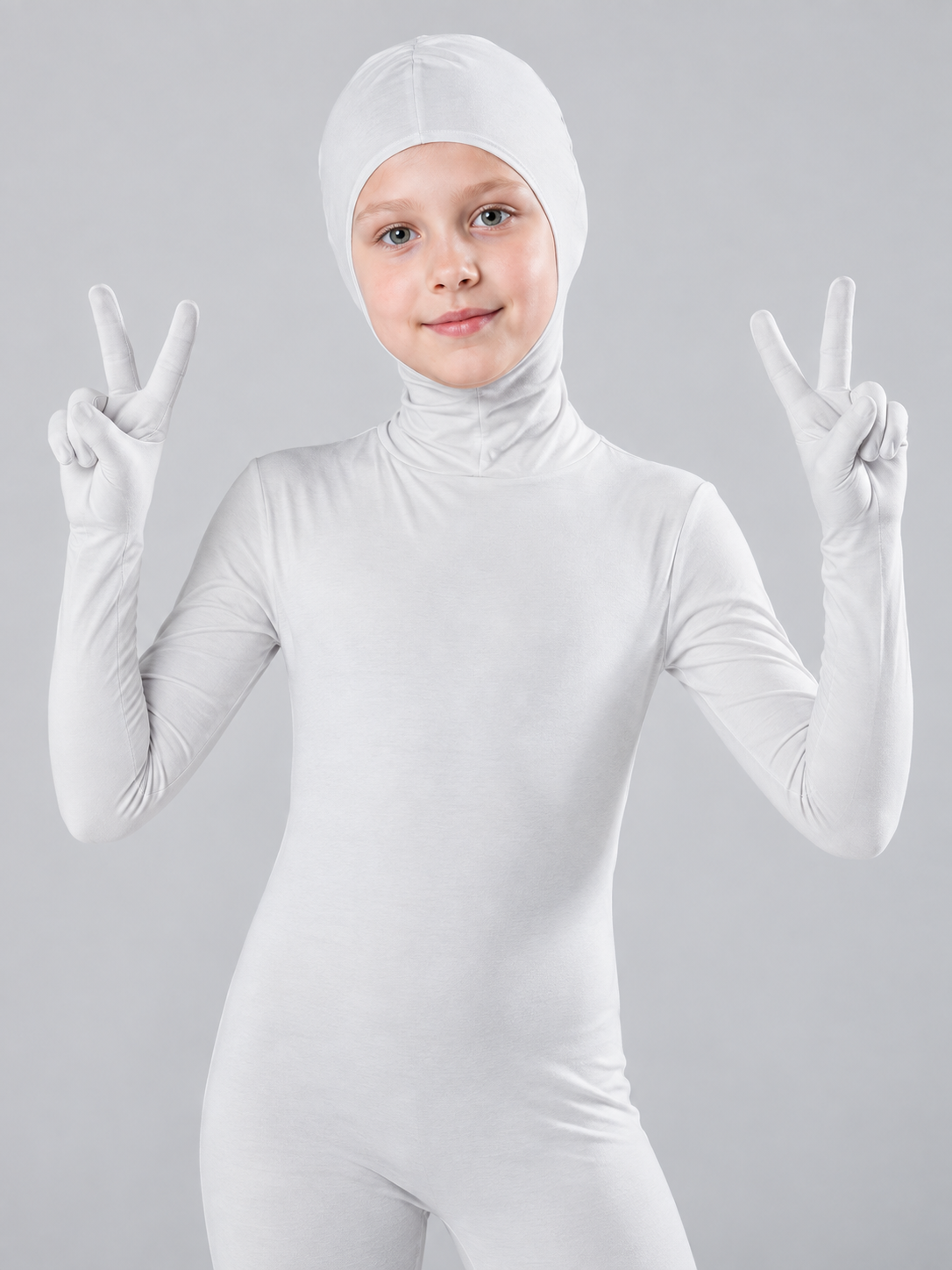 White form-fitting zentai jumpsuit with hood
