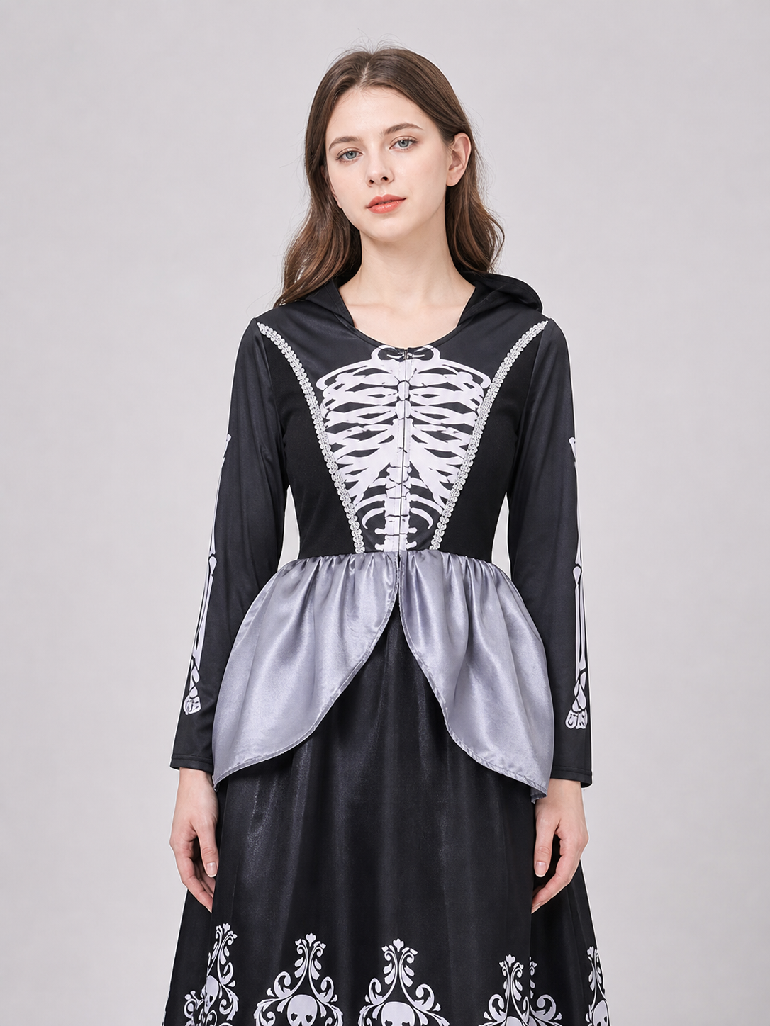 Hooded Cosplay Dress with Skeleton Print