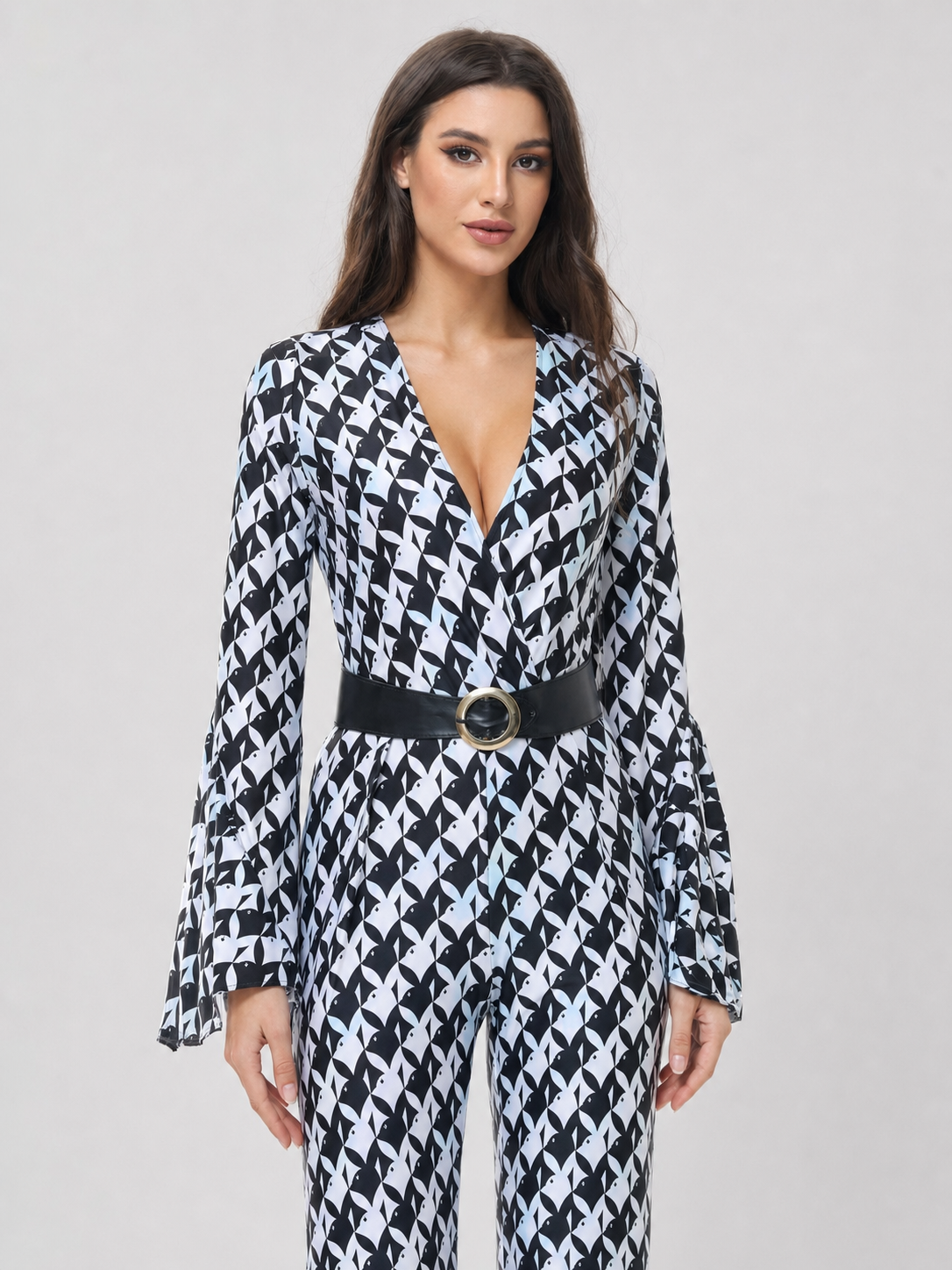 Retro Flared Jumpsuit with Geometric Print