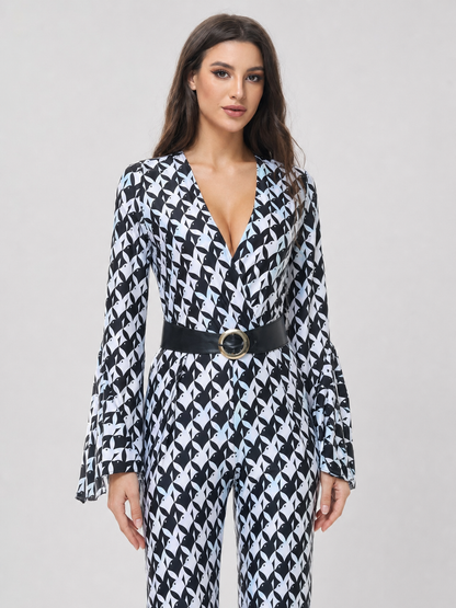 Retro Flared Jumpsuit with Geometric Print
