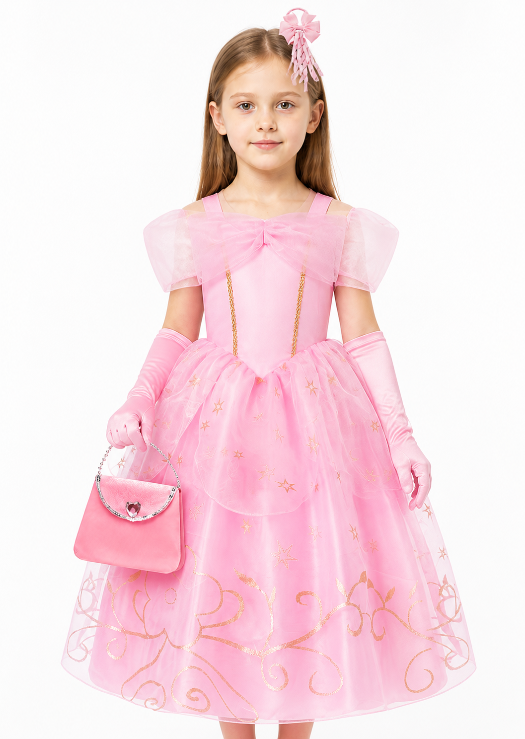 Pink Puffy Girls' Dress with Handbag and Gloves Costume Dresses detail 3