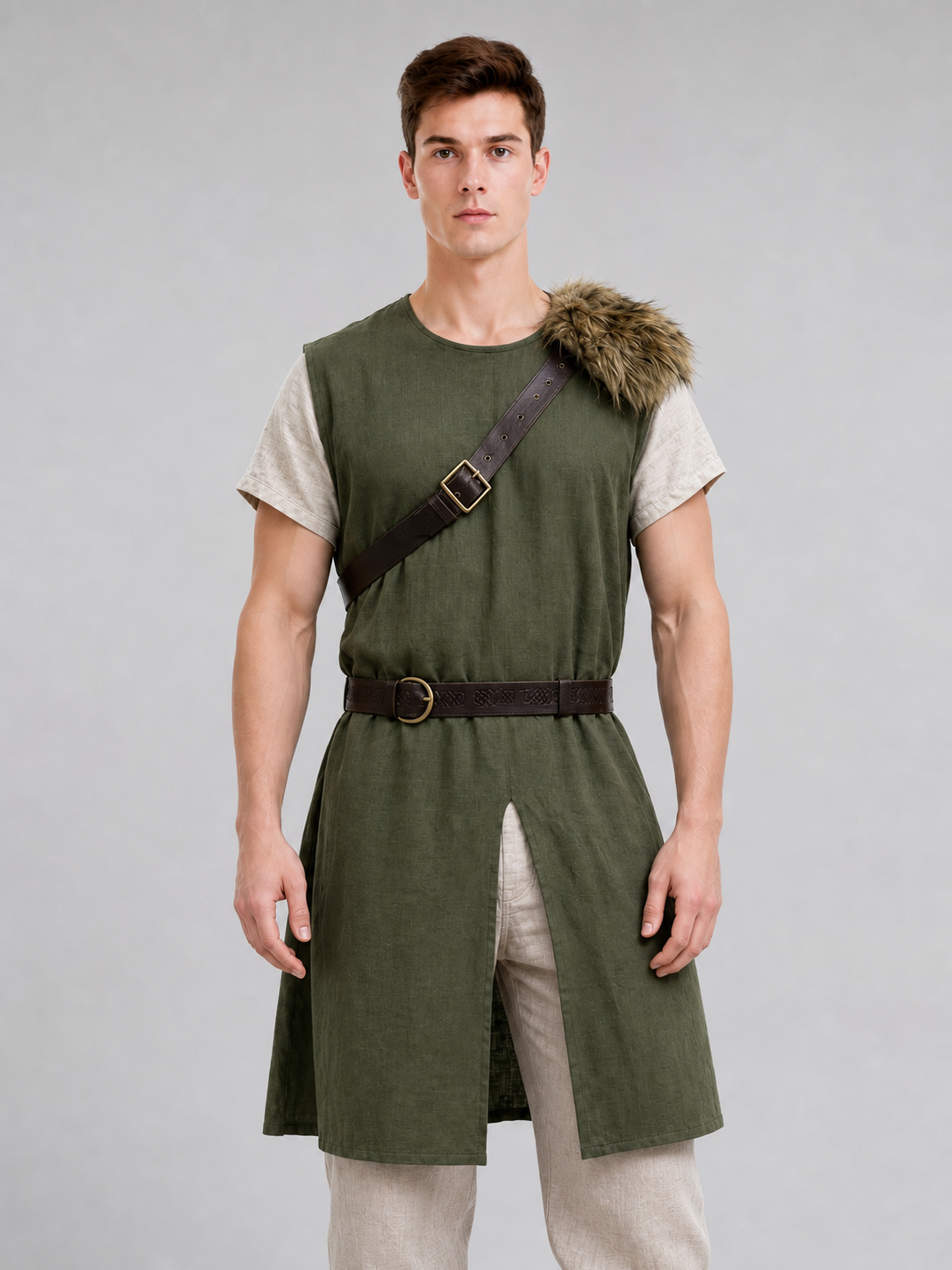 Sleeveless olive tunic with belt