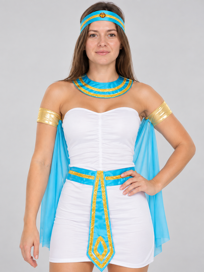 Ancient Roman Goddess Costume with Blue Cape and Gold