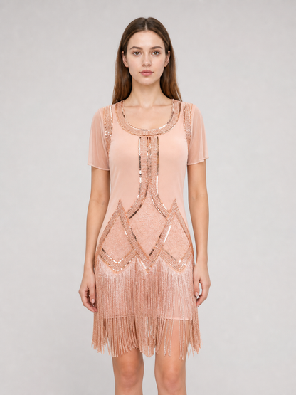 Gatsby-Style Evening Dress with Fringe and Sequins
