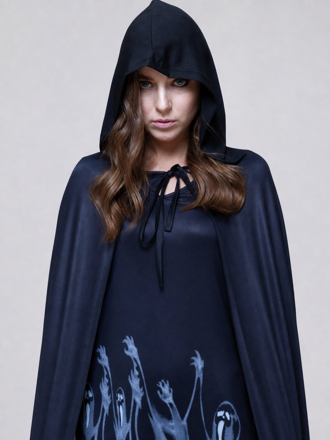 Long Black Hooded Robe with Ghost Pattern