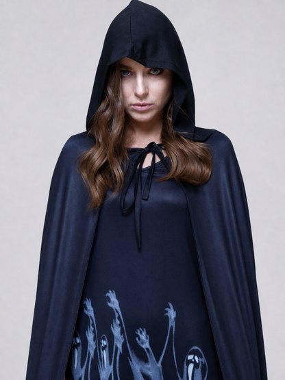Long Black Hooded Robe with Ghost Pattern