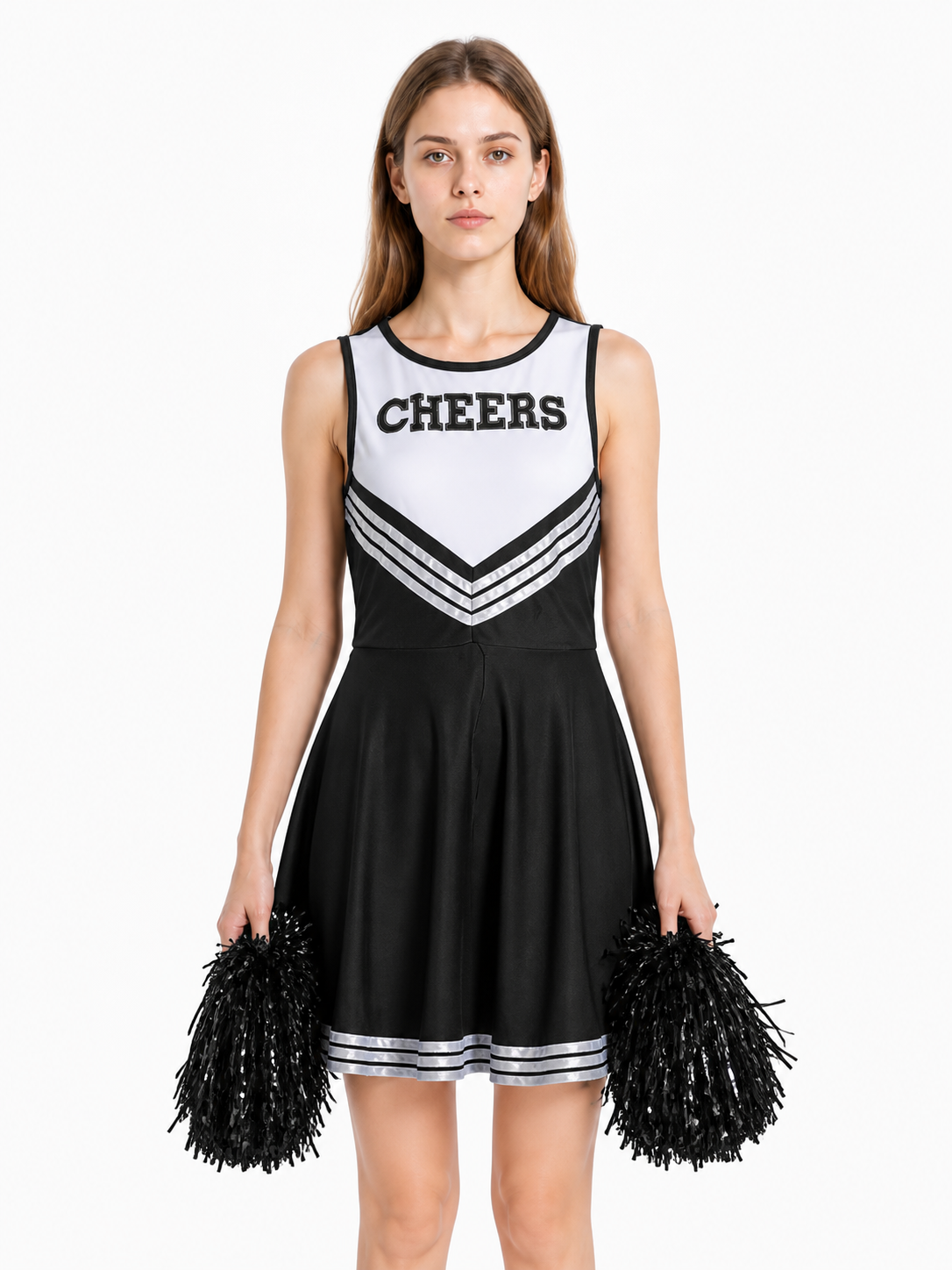 Sleeveless Cheerleader Dress with CHEERS Lettering, Black and White Costume Dresses detail 2