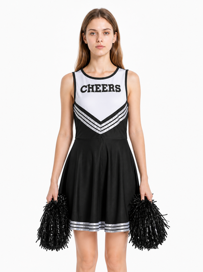 Sleeveless Cheerleader Dress with CHEERS Lettering, Black and White Costume Dresses detail 2