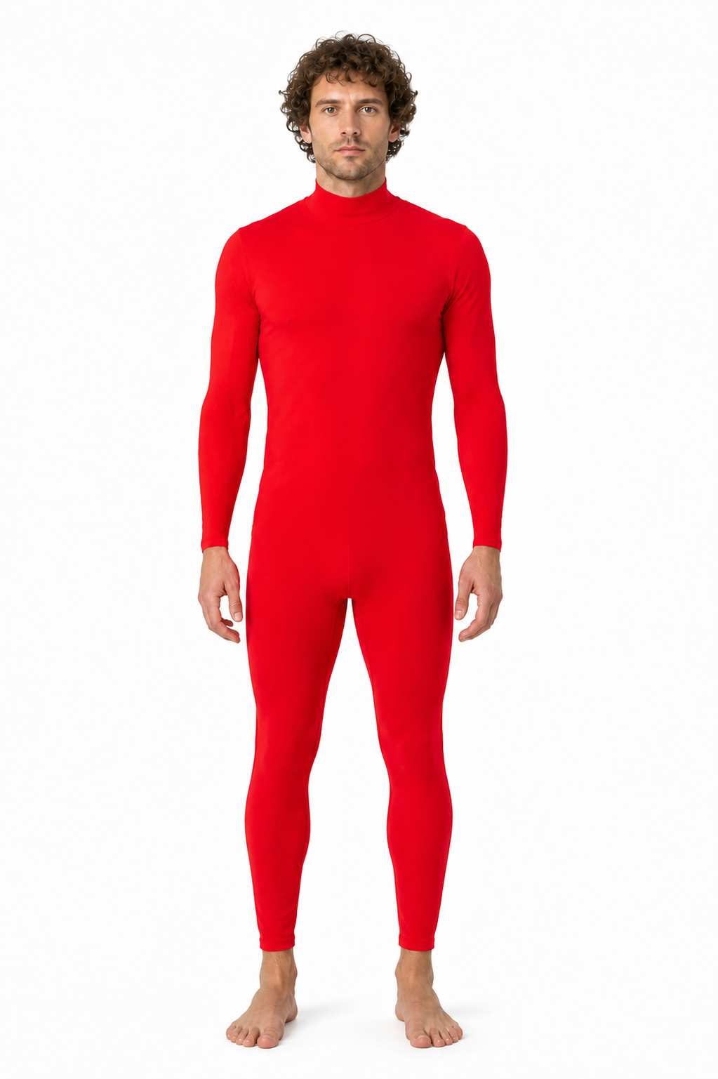 Red form-fitting jumpsuit with a high collar product detail 2