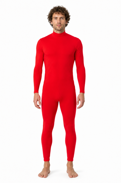 Red form-fitting jumpsuit with a high collar product detail 2