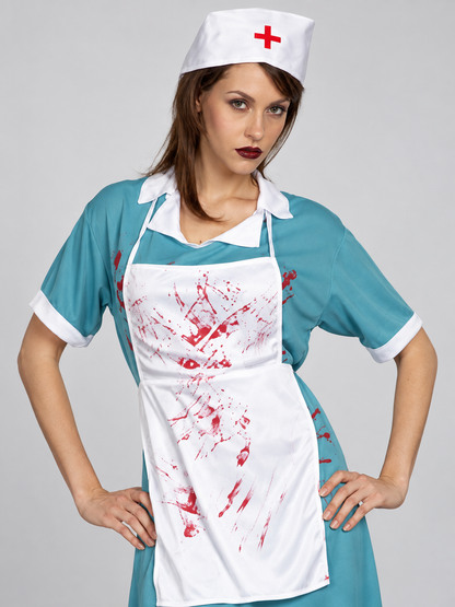 Nurse Costume: Blue Dress, Apron, Cap, Stickers