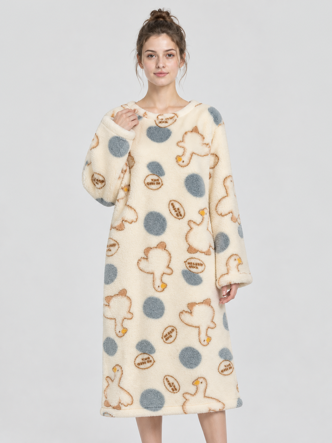 Long Loose Nightgown Cream Beige with Print